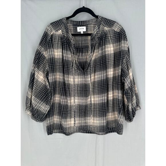 Joie Top Womens Medium Black Plaid Flannel Flowy Pullover Boho Bohemian Grunge - Picture 1 of 7